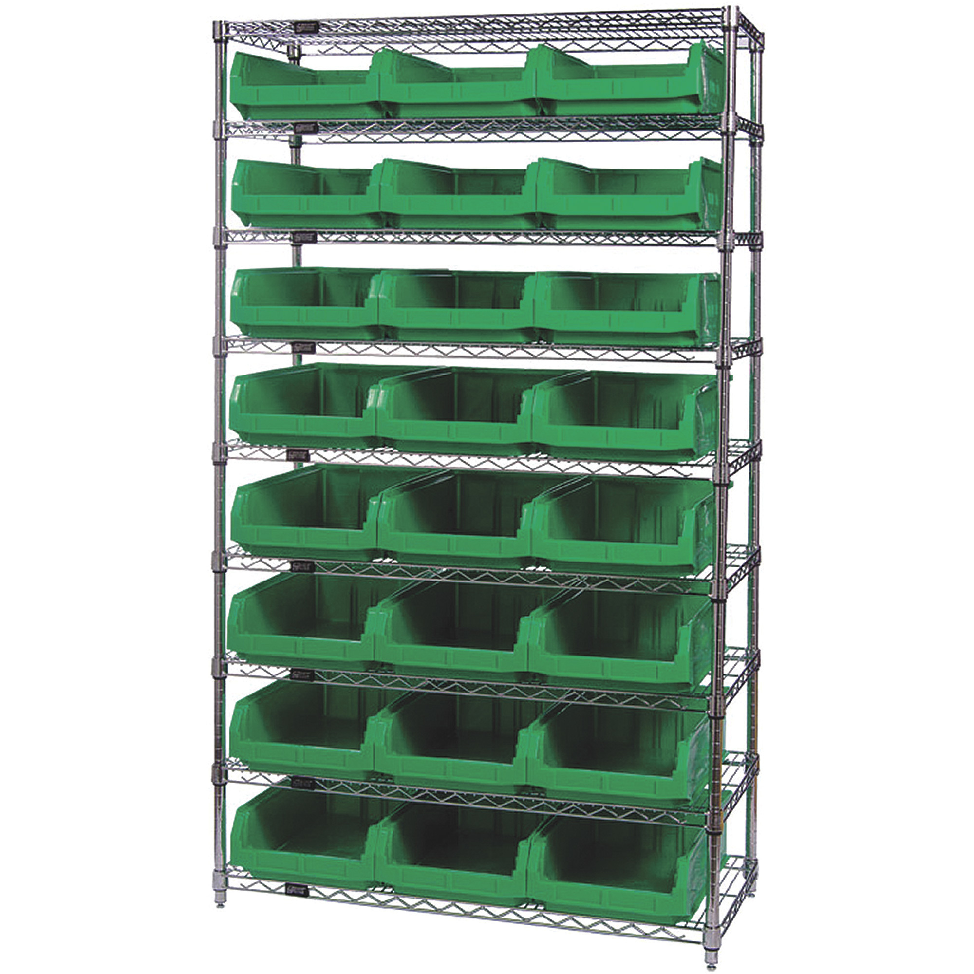 Quantum Storage Single Side Wire Chrome Shelving Unit with 24 Magnum Bins, 18in.L x 42in.W x 74in.H, Green, Model# WR9-531GN